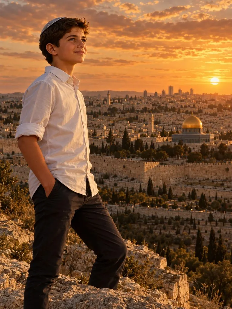 חתן בר מצווה כגיבור על רקע ירושלים בשקיעה